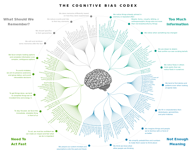 The cognitive bias codex - lists all of the cognitive biases and groups them by these themes:
What should we remember? (top left, in gray)
Too much information (top right, in aqua)
Not enough meaning (bottom right, in blue)
Need to act fast (bottom left, in bright green)
https://de.m.wikipedia.org/wiki/Datei:Cognitive_bias_codex_en.svg